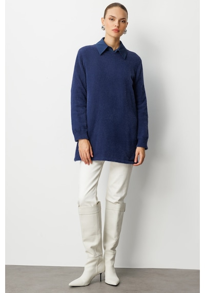 Mizalle Yuvarlak Yaka Oversize Yumuşak Dokulu Lacivert Triko Kazak Lacivert