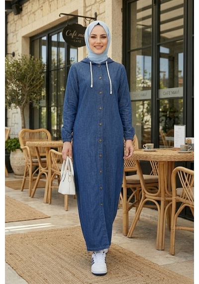 Hb Harma Time Butik Kadın Kapüşonlu Düğmeli Koyu Mavi Kot Elbise