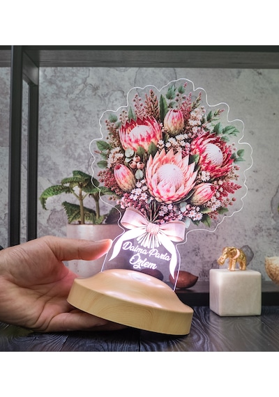 Pembe King Protea Çiçek Buketi Led Lamba, Doğum Günü Hediyesi, Şeker Çalısı Solmayan Çiçek Lambası