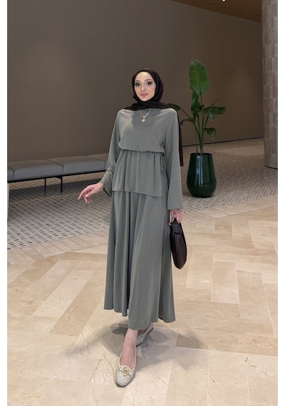 Riella Butik Ahen Oysho Kumaş Oversize Günlük Tesettür Takım Yeşil