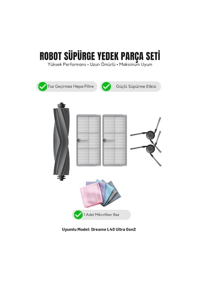 Dreame L40 Ultra Gen2 İle Uyumlu 1 Ana Fırça 2 Yan Fırça 2 Filtre 1 Temizlik Bezi 11.0
