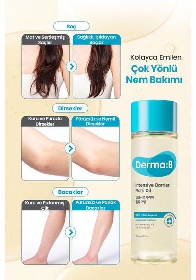 15 Bitkisel Yağ İçerikli, Hızlı Emilen, Nemlendirici Vücut Yağı Derma:b Intensive Barrier Multi Oil