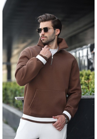 Madmext Kahverengi Fermuarlı Dik Yaka Kanguru Cep Erkek Sweatshirt E7159 Kahverengi