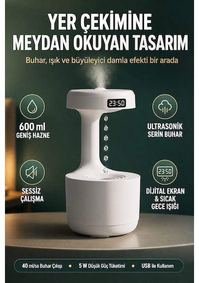 Anti Gravity Su Damlası Efektli Ultrasonik Hava Nemlendirici 600 Ml Dijital Ekran, Gece Işığı Ve Usb Kullanım
