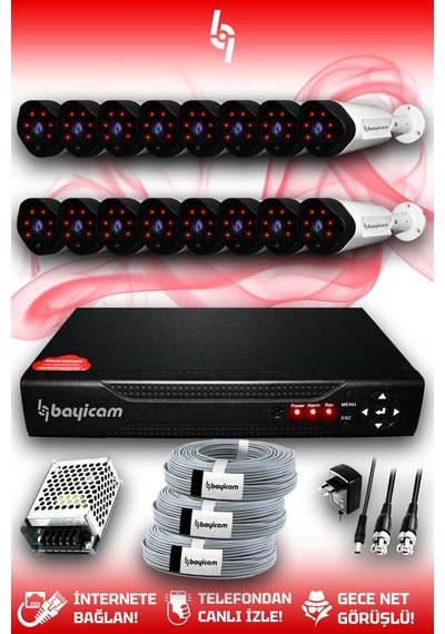 Bayicam 16 Kameralı Uzay 16 Dış Kamera Set HDD'siz Full HD Gece Görüşlü Güvenlik Kamerası Sistemi