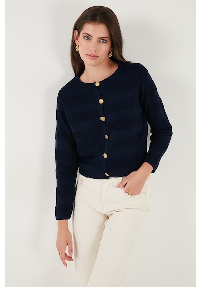 Lela Premium Regular Fit Bisiklet Yaka Düğmeli Dokulu Triko Bayan Hırka 680Hi00337 Lacivert