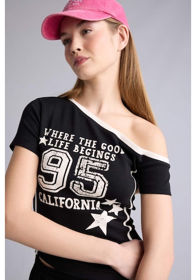 Defacto Crop Top Kayık Yaka Baskılı Ribana Kısa Kollu Tişört G9406ax26spbk81 Siyah-bk81