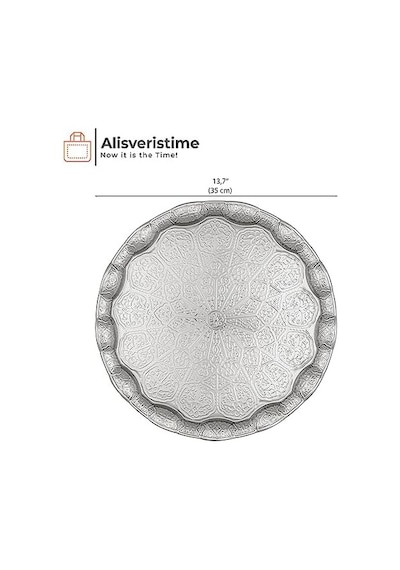 Osmanlı Motifli Metal Servis Tepsisi 34,5 Cm 13.6 İnç Kahve Ve Çay Sunum Tepsisi 5 Renk Seçeneği Gümüş Rengi 15cm