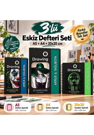 3 Lü Akrilik Ve Yağlı Boya Defter Seti A5 A4 20x20 Cm, Akrilik Ve Yağlı Boya Uyumlu