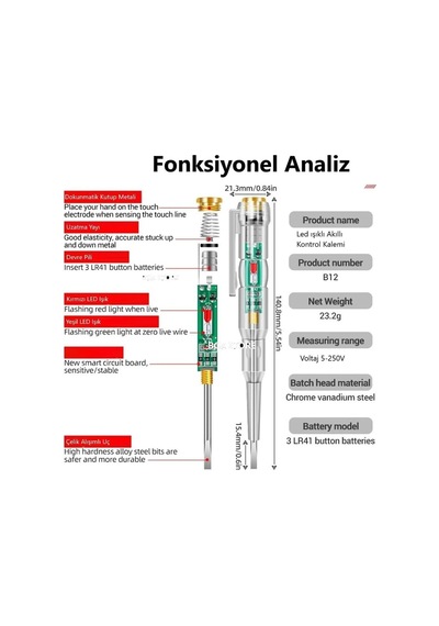 Kontrol Kalemi Elektrik Elektronik Test Cihazı Kırmızı Yeşil Led Işıklı Faz Voltaj Testi Tornavida