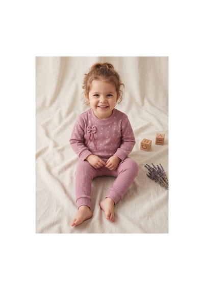 Deniva Kids Kız Bebek Gül Kurusu Fiyonklu Fitilli Kaşkorse Uzun Kollu Alt Üst İkili Takım Mor