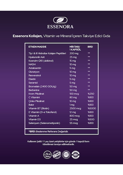 Essenora Hair Skin Nail Kolajen Biotin Bromelain Q10 30 Kapsül