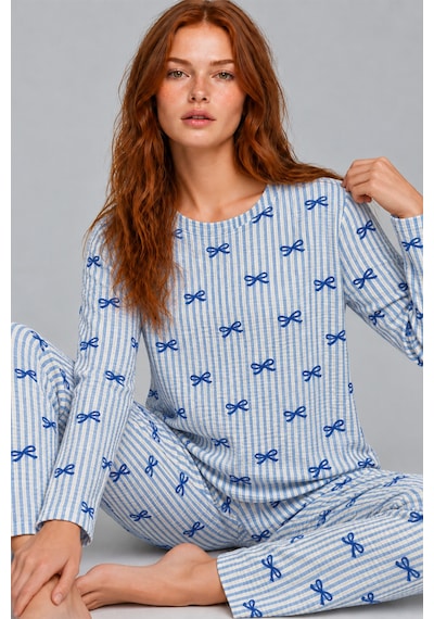 Kadın Desenli İkili Mavi Rahat Pijama Takımı 4815