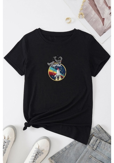 Uyguntarz Unisex Nasa Baskılı Tshirt Siyah