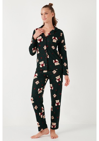 Lela Streç Standart Fit Desenli Bayan Pijama Takımı 60956602 Yeşil