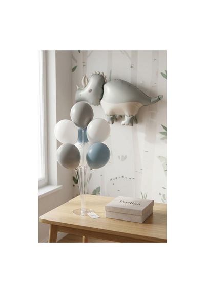 Gri Mat Triceratops Retro Dinozor Balon Stand Seti Şeffaf 7 Li Stand + Dinozor Folyo Balon 69 40 Cm + 7 Lateks Balon