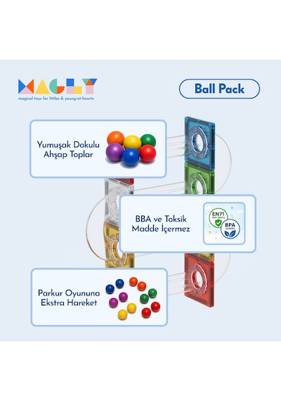 Magly Ball Pack Top Seti Ball Run İle Uyumlu Top Eklentisi - Çocuklar İçin 12 Adet Renkli Ahşap Top