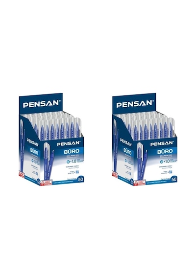 2 Paket Pensan Büro Mavi Tükenmez Kalem 50'li Toplam 100 Adet Çok Renkli