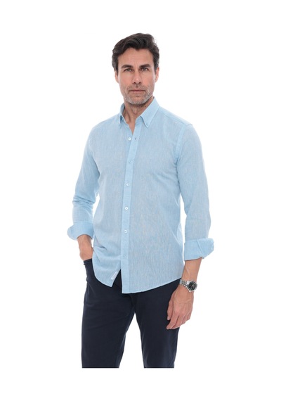 Slim Fit Uzun Kol Yaka Düğmeli Nefes Alan Keten Hediye Kutulu Erkek Gömlek Fs-004548 - Turkuaz-3230