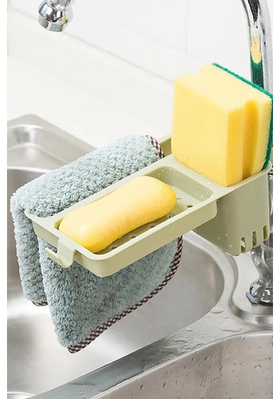 Musluğa Takılan Sünger Havlu Askılı Sabun Hazneli Mutfak Banyo Lavabo Düzenleyici Organizer Bej