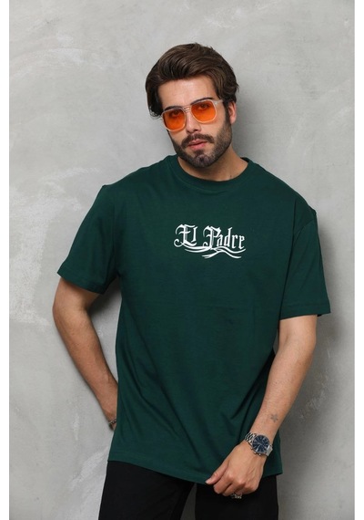 Erkek Kısa Kol Yazlık Tişört Bisiklet Yaka Baskılı Oversize T-shirt - Yeşil
