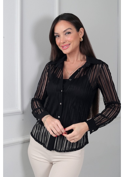 By Saygı Kadın İçi İp Askılı Likralı Atlet Kendinden Boyuna Çizgili Transparan Tül Gömlek Siyah By Saygı Kadın İçi İp Askılı Likralı Atlet Kendinden Boyuna Çizgili Transparan Tül Gömlek Siyah