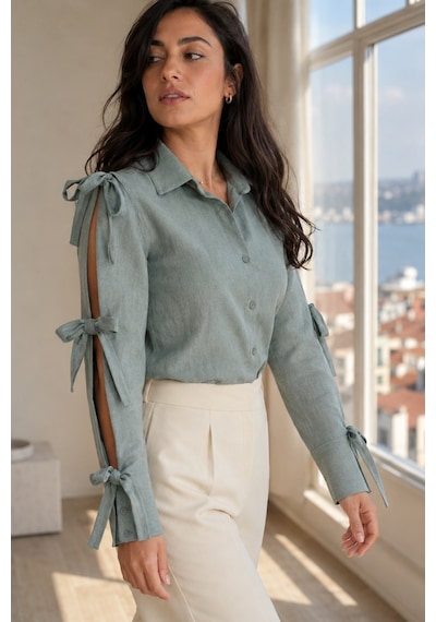 Armonika Kadın Mint Kolları Yırtmaçlı Bağcık Detaylı Gömlek Arm-26y001058
