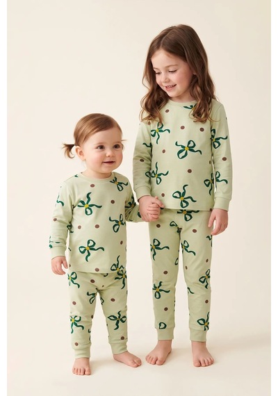 Zuzunga Kız Çocuk Fiyonk Ve Puantiye Desenli Uzun Kollu Pijama Takımı Yeşil