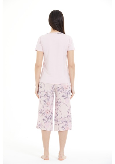 Lılac Kadın Çiçek Desenli %100 Viscon Capri Pijama Takımı Pudra Pembe