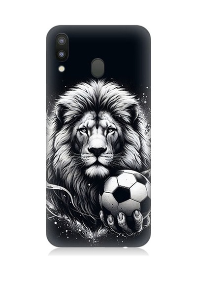 Samsung Galaxy M20 Uyumlu Siyah Beyaz Aslan Ve Futbol Topu Desenli Silikon Kılıf