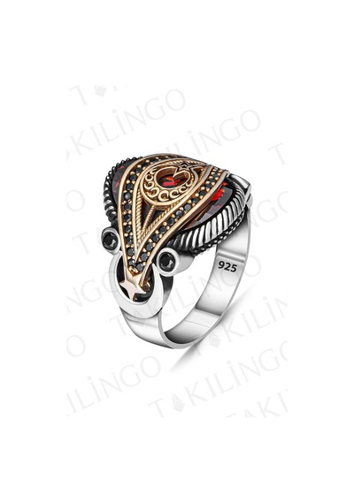 Takılingo 925 Ayar Gümüş Ayyıldız İşlemeli Kırmızı Zirkon Taşlı Kadın Yüzük Gümüş