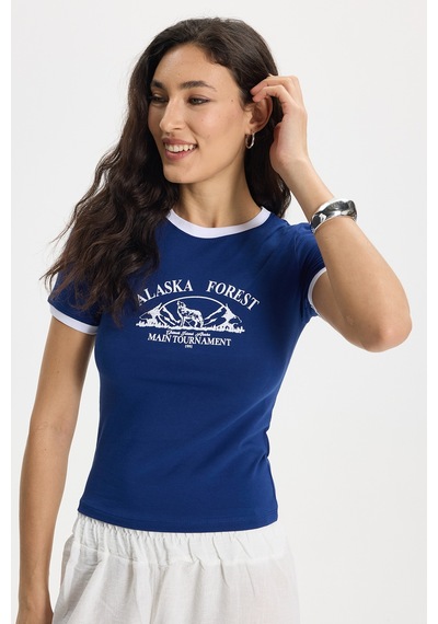 Tudors Kadın Slim Fit Dar Kesim %100 Pamuk Bisiklet Yaka Kısa Kollu Baskılı Lacivert Tişört-50511 Tudors Kadın Slim Fit Dar Kesim %100 Pamuk Bisiklet Yaka Kısa Kollu Baskılı Lacivert Tişört-50511