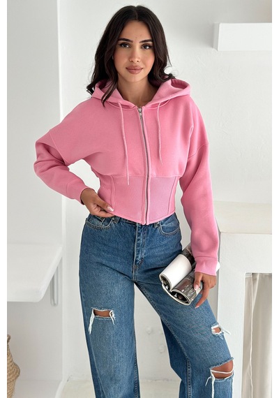 Kadın Siyah Fermuarlı Hoodie Minimal Sokak Ruhuyla Pembe