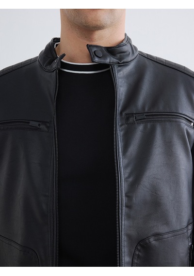 Lcwaıkıkı Classic Siyah Regular Fit Dik Yaka Erkek Deri Görünümlü Ceket