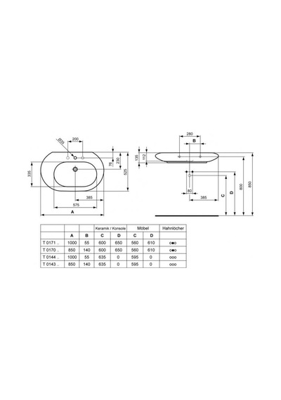 Ideal Standard - Simply U Natural Tezgan Üstü Lavabo Çift Delikli - T017001- Beyaz