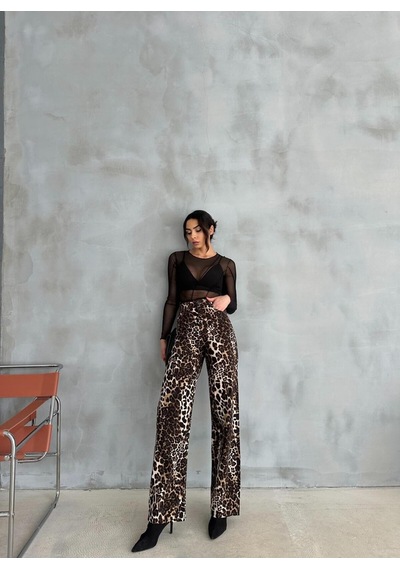 Zeo Basic Wide-leg Pantolon Leopar Desenli Kahverengi