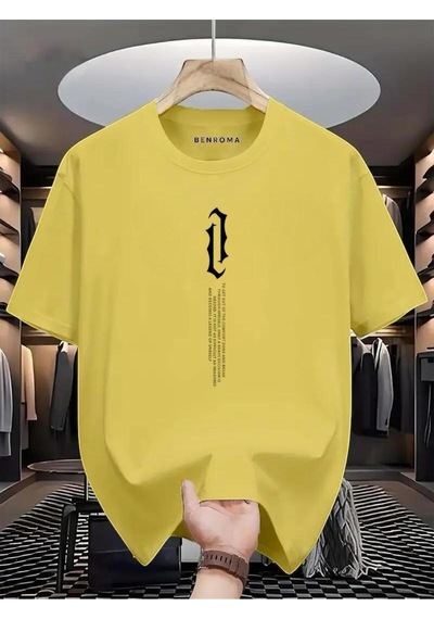 Dikey Yazı Baskılı Oversize Tişört Sari