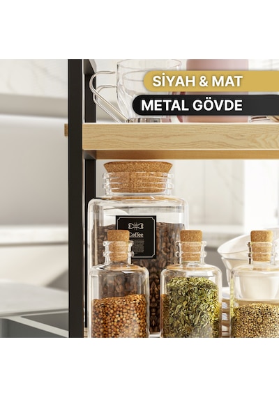 Bino Ahşap Çok Amaçlı Düzenleyici Mutfak Rafı Organizer Tezgah Üstü Malzeme Dolabı