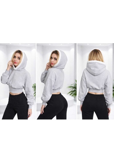 Kapüşonlu, Korse Tarzı Gri Sweatshirt. Gri