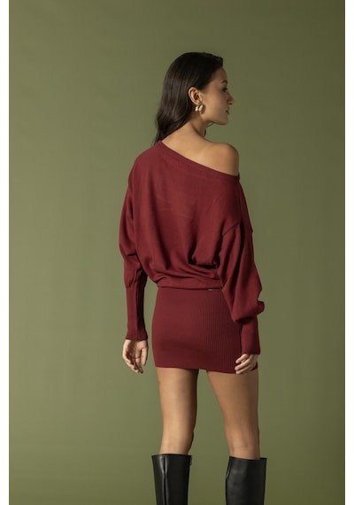 Nisan Ribana Asimetrik Kesim Mini Elbise Bordo