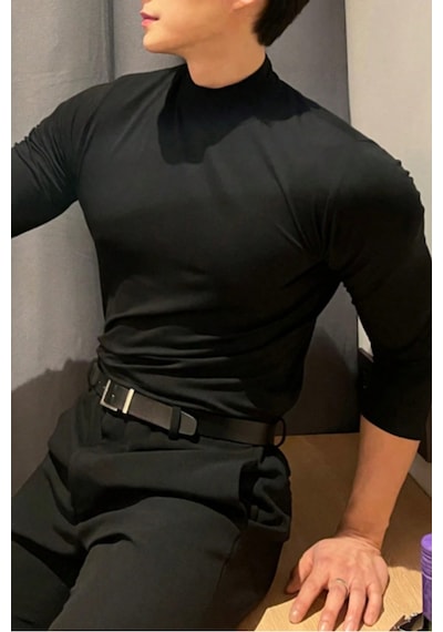 Tarz Cool Erkek Yarım Balıkçı Yaka Uzun Kollu Slim Fit Likralı Oysho Kumaş Tişört Siyah