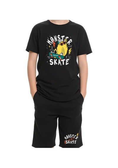 Fyk Kids Erkek Çocuk Tişört-şort Skate Baskılı Alt-üst Takım Siyah