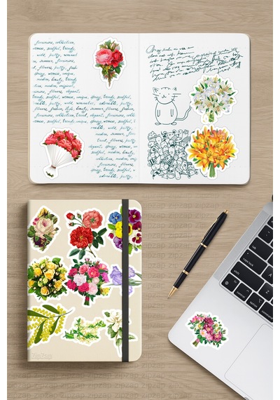 Çiçek Ve Çiçek Buketi Temalı Telefon Laptop Bullet Journal Yapışkanlı Folyo Sticker Paketi 25 Adet Çok Renkli