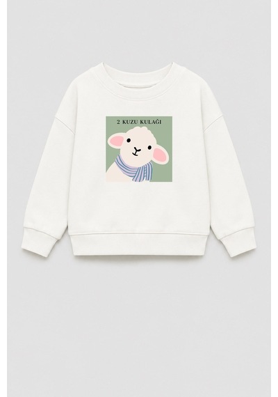 Monila Unisex Çocuk 3 İplik Kumaş Pamuklu Kuzu Kulağı Baskılı Sweatshirt Ekru
