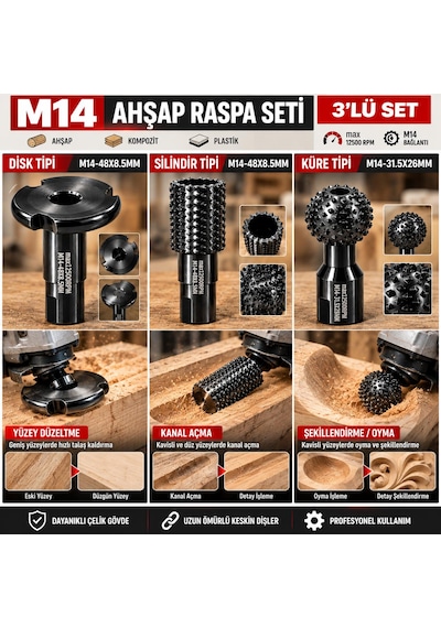 3 Parça Ahşap İşleme Oyma Kanal Açma Seti M14 Avuç Taşlamaya Uygun