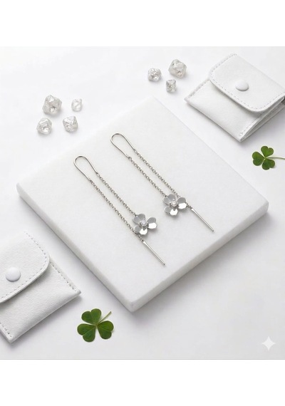 925 Ayar Papatya Silver Tektaş Kalp Sallantılı Yonca Küpe.rose.gold.rodaj Gümüş