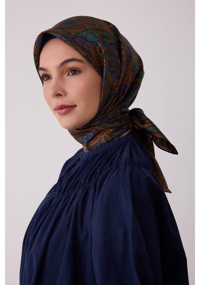 Belli Etnik Desen %100 Twill İpek Eşarp Be04 Acı Kahve-yeşil