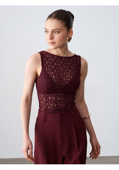 Dilvin 21202 Dantel Detaylı Kolsuz Top-bordo