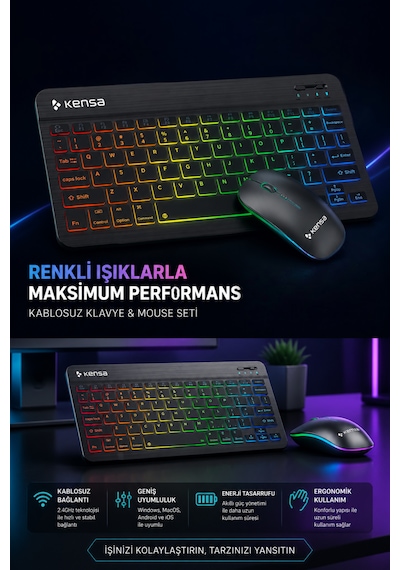 Tablet Ve Bilgisayar İçin Rgb Led Işıklı Taşınabilir Kablosuz Bluetooth Klavye Ve Dongle'lı Mouse Seti Siyah