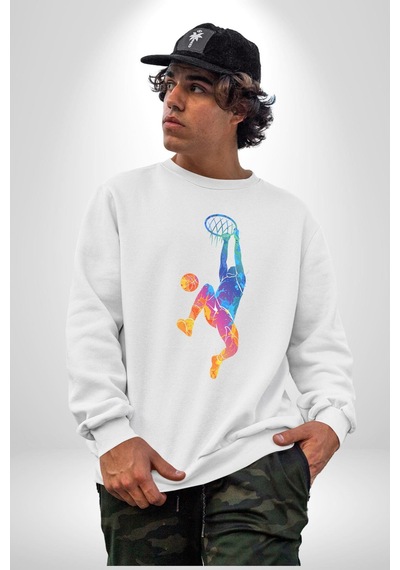 Smaç Basketbol Renkli Unisex Beyaz Baskılı Sweatshirt Beyaz
